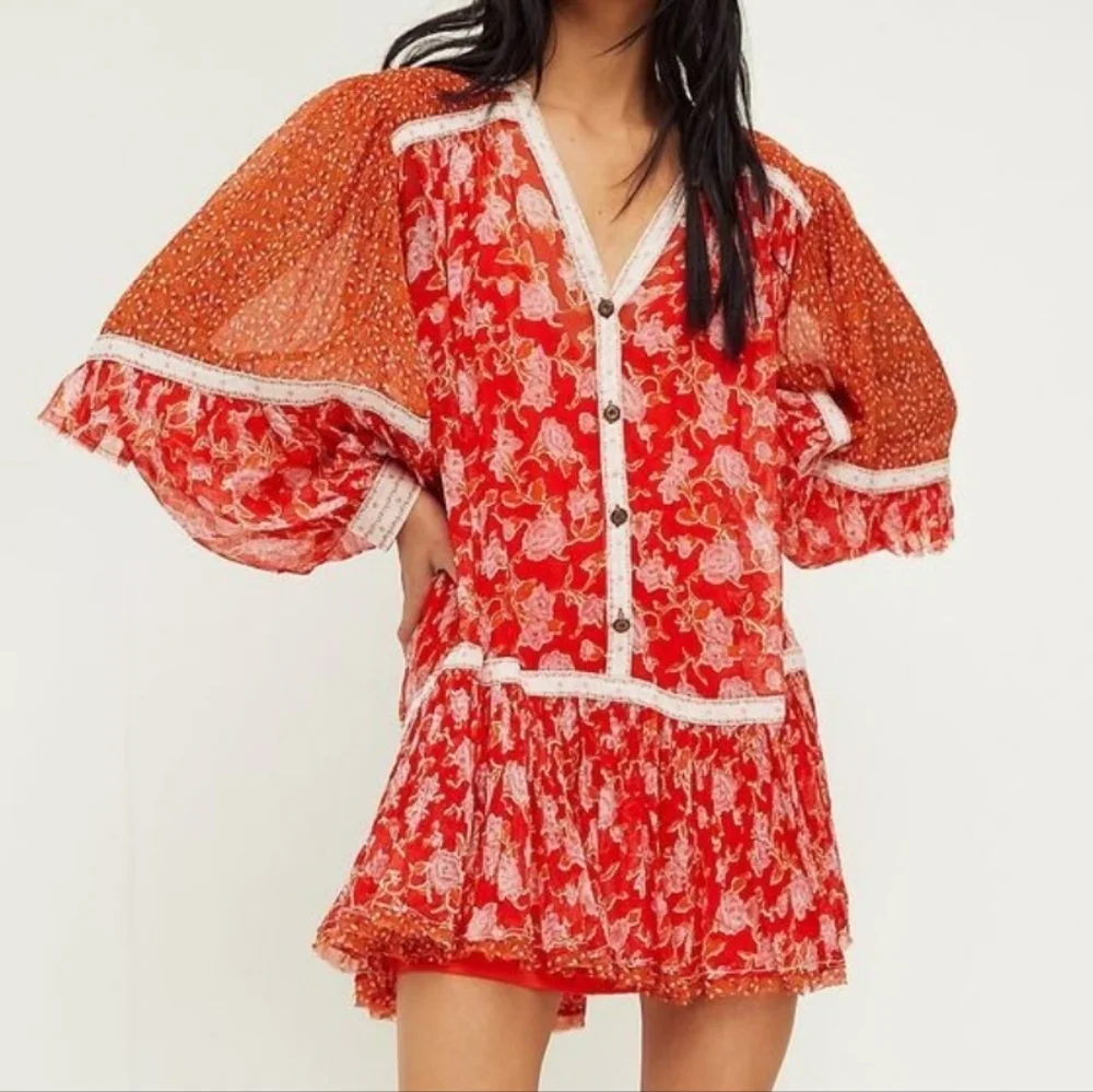 Free People Orange & Red Patchwork Floral Semi Sheer Boho Babydoll Tunic Dress